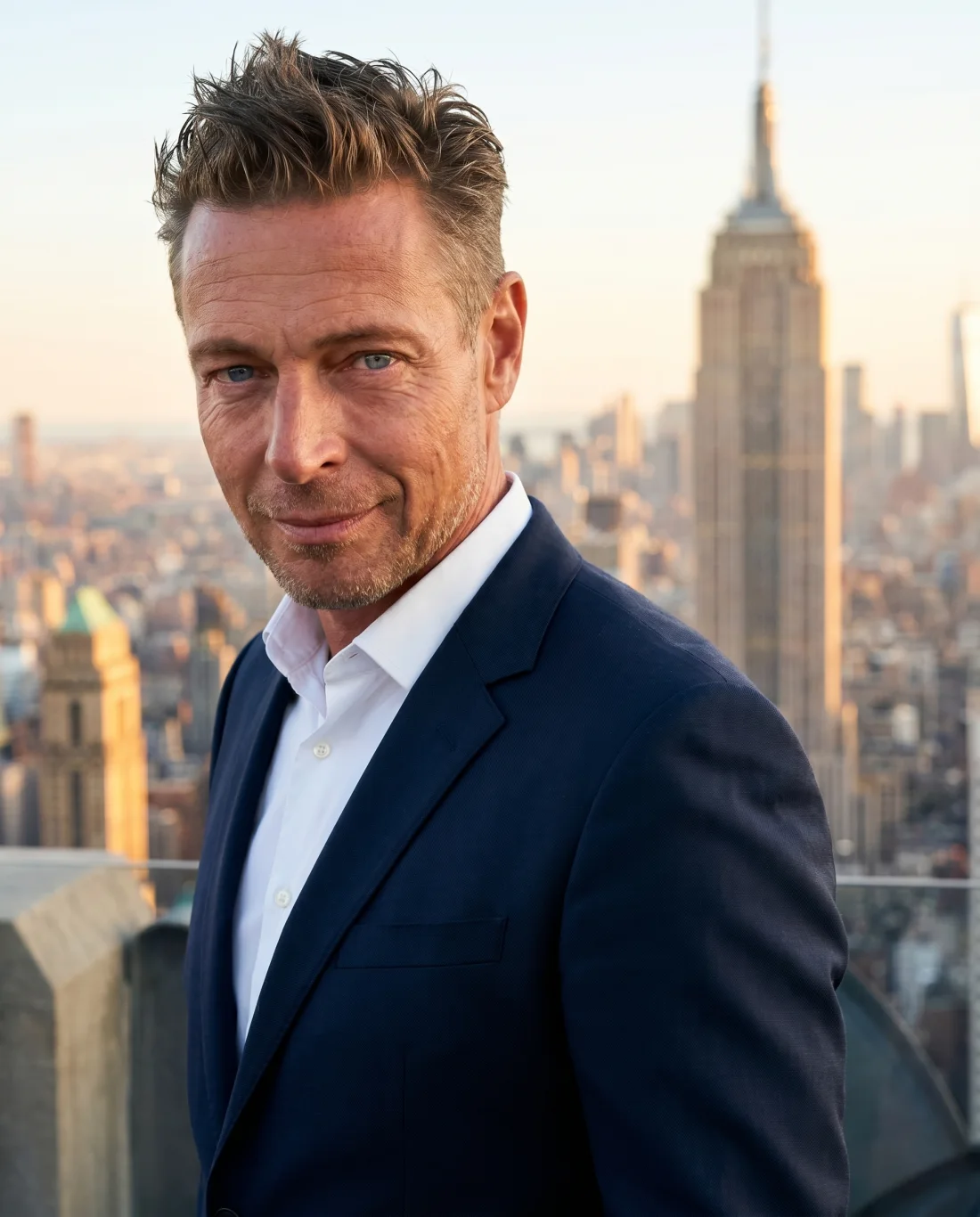 Ron Koldeweid op een rooftop in New York, met het Empire State Building op de achtergrond